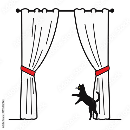 Playful black cat climbing curtains in minimalist space, joyful mischief