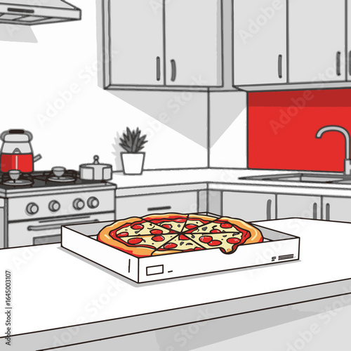 Pizza box on kitchen counter in minimalist style, culinary delight