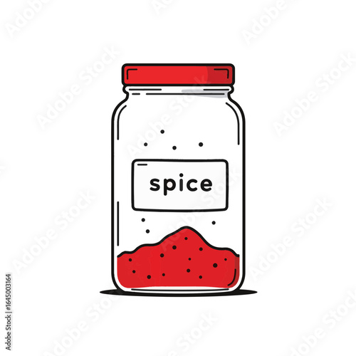Minimalist spice jar design with red accents on white background, culinary art