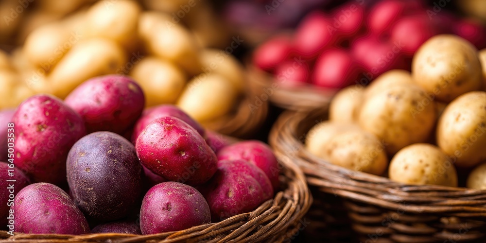 Close-up view of assorted potatoes in baskets. Close-up view of assorted potatoes in baskets.