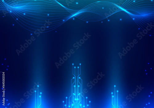 Digital technology circuit background. Design for futuristic network data abstract connections  circuit board fiber optic line and wave.