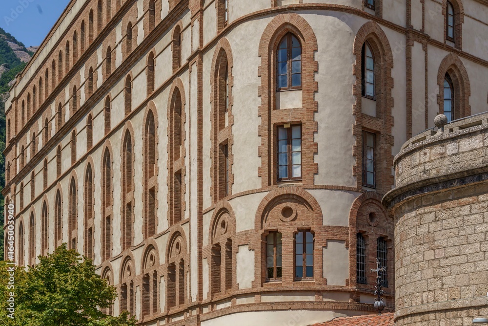 Fototapeta premium Modern Espai Audiovisual Building At Montserrat Monastery With Brick Arched Architecture Spain. Contemporary museum design, cultural center, Catalonian heritage, multimedia exhibition space