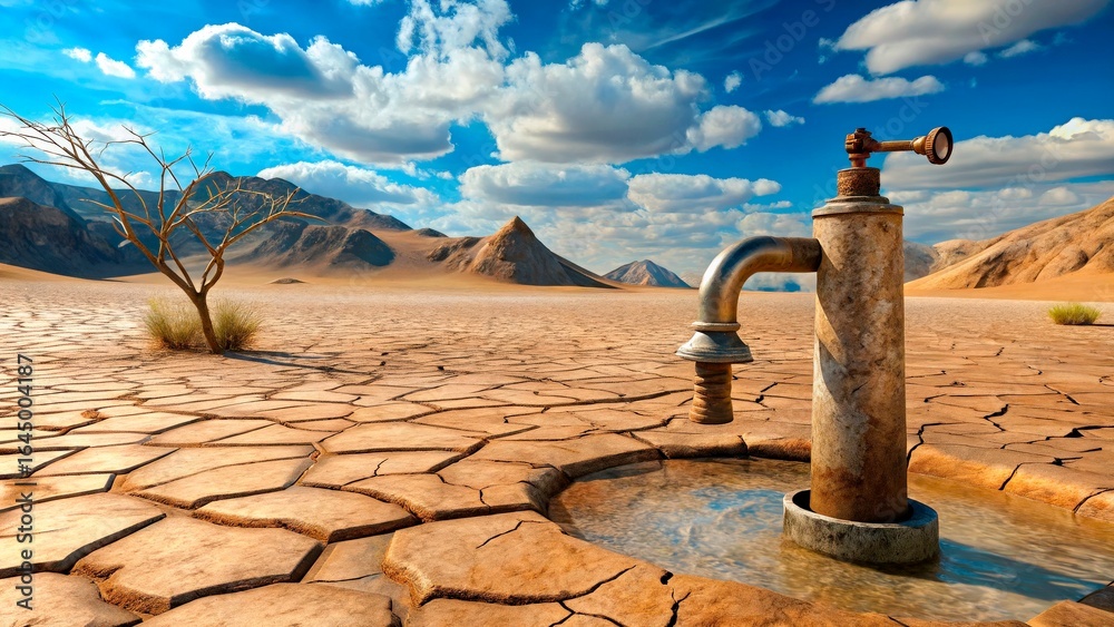 Fototapeta premium Desert water pump in arid landscape under cloudy sky with cracked earth and sparse vegetation