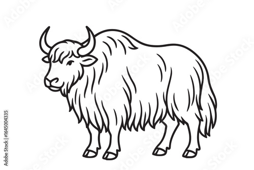 A black and white vector illustration of a strong Himalayan yak, outlined in bold black, showing its thick fur, curved horns, and resilience in harsh mountain landscapes.

