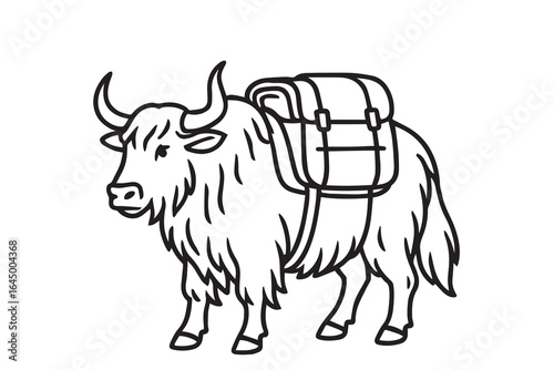 Vector art of a Himalayan yak in black and white, defined by solid black outlines, highlighting its muscular build, long shaggy coat, and powerful mountain presence.

