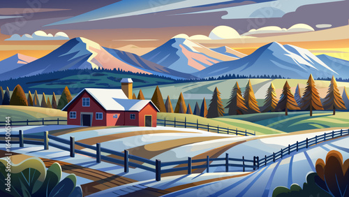 The morning after a snow fall looking out over rural farm land, foothills and mountains with a wooden farm fence, Springfield, Canterbury, 