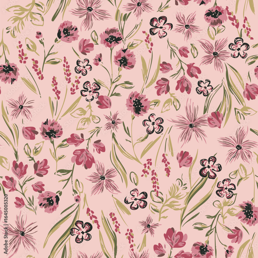 Obraz premium Seamless floral pattern with delicate hand-drawn wildflowers in pink, red, and black, accented with green leaves on a pastel pink background. Ideal for fabrics, apparel, gift wraps, wallpaper, 