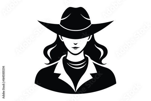 Silhouette portrait of a mysterious lady wearing a hat and jacket, on white