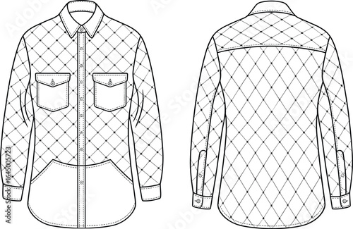 Quilted button-up shirt front and back view, fashion flat sketch, technical clothing drawing, casual outerwear design, warm jacket illustration, vector apparel template