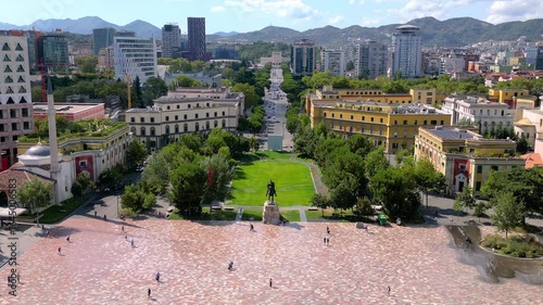 Drone view of Skanderbeg Square in downtown Tirana, Albania
