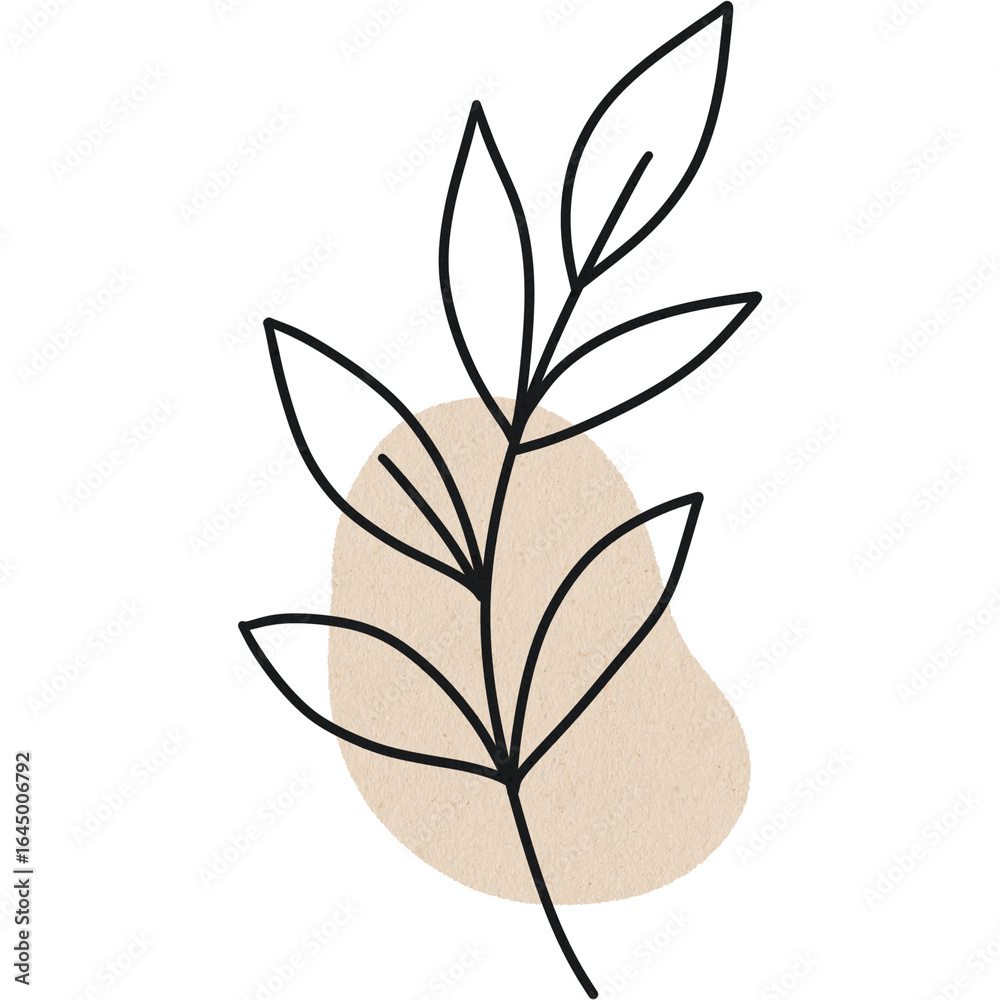 Obraz premium Minimalist botanical line art with beige abstract shape background, simple natural design