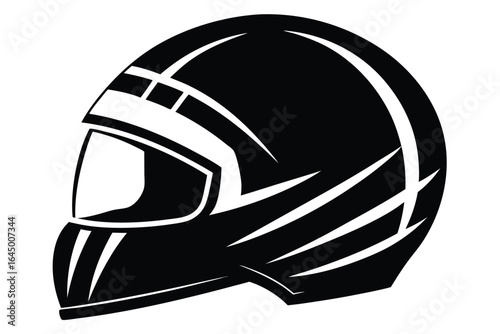Stylish monochrome motorcycle helmet featuring dynamic white stripe accents on a clean white backdrop