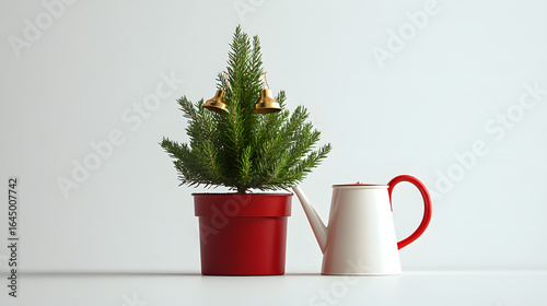 Miniature Christmas Tree in Red Pot Beside a White Watering Can