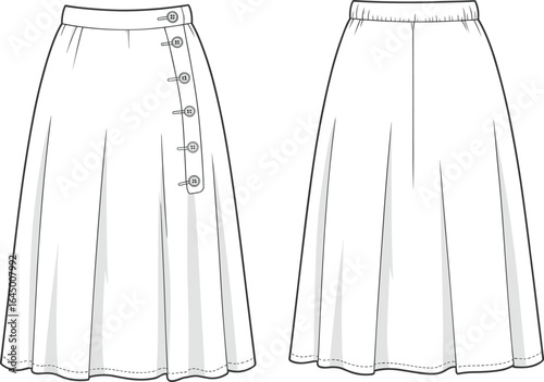 PrintWomen's A-line midi skirt with side button detail, front and back view, elegant flared design, fashion flat sketch illustration drawing