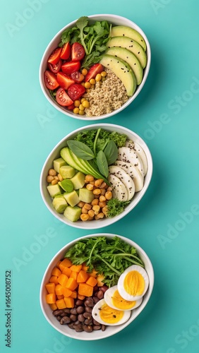 Wallpaper Mural Three healthy food bowls with fresh ingredients arranged on a teal background Torontodigital.ca