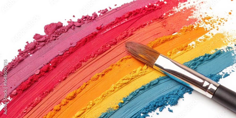 Fototapeta premium Paintbrush on Vibrant Rainbow Makeup Powder Swatches isolated on White Background