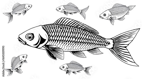 carp fish black and white icon set