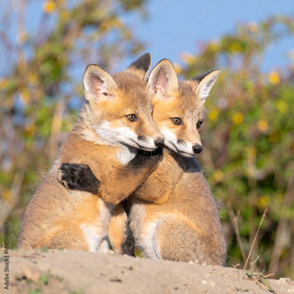 Fototapeta premium Two fox kits cuddle closely, one with a paw around the other's shoulder, against a blurred nature backdrop
