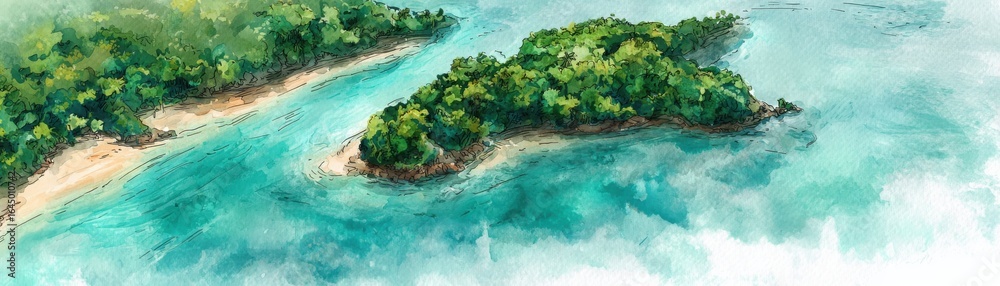 A serene watercolor depiction of lush green islands surrounded by turquoise waters, showcasing a tranquil natural landscape. A serene watercolor depiction of lush green islands surrounded by turquoise waters, showcasing a tranquil natural landscape.