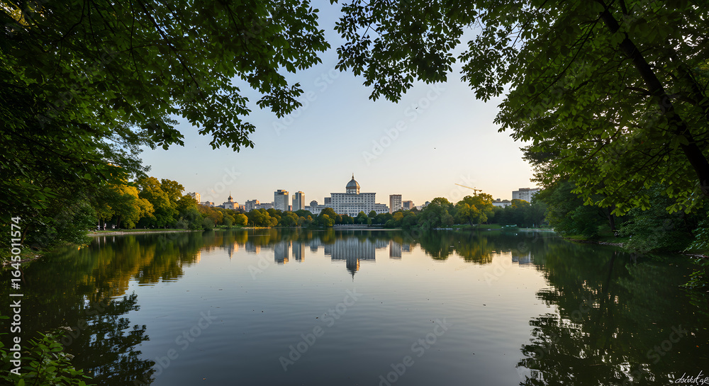 Fototapeta premium Serene Cityscape Reflection: Palace and Pond at Dawn