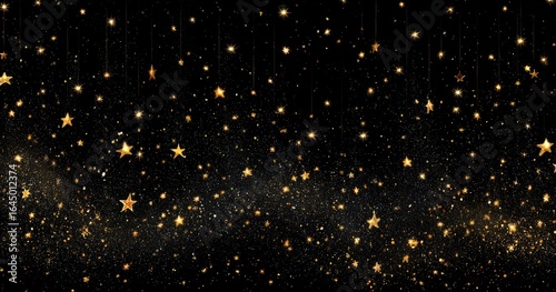 Golden stars and glittering dust on black background