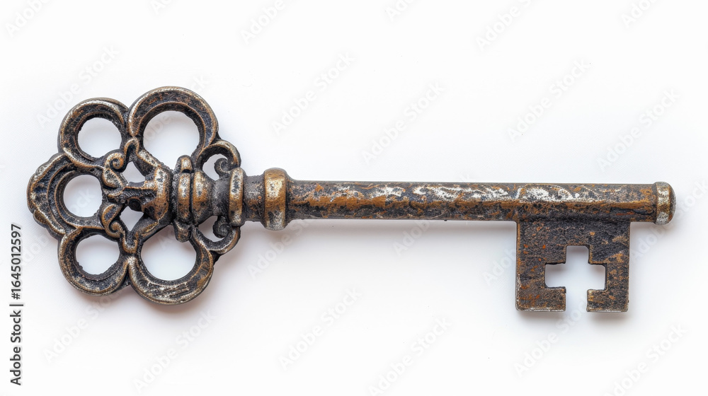 Antique ornate metal key with intricate design isolated on white background Antique ornate metal key with intricate design isolated on white background