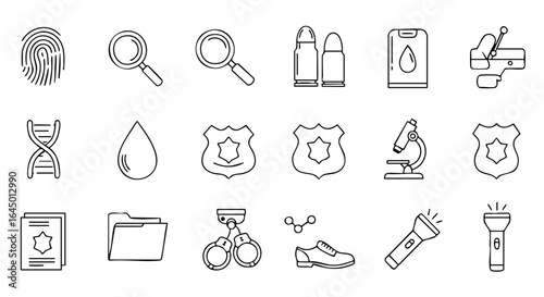 Forensic investigation thin line black and white vector icon set