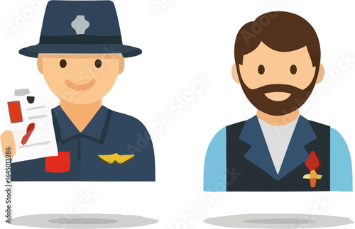 Professional police officer and civilian interacting positively, showcasing community safety and engagement in a modern, friendly style