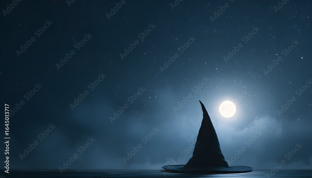 Fototapeta premium Witch hat silhouette under full moon in night sky for Halloween 