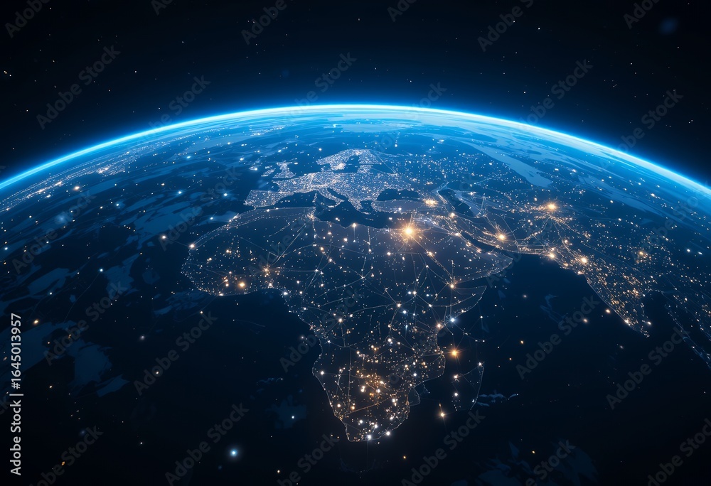 Fototapeta premium Illuminated digital network connections spanning the earth viewed from space showing global urban
