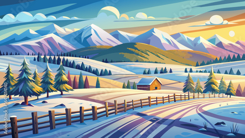 Fresh snow blankets rolling farmland, where a wooden fence traces gentle lines toward distant foothills, and mountains shimmer under Springfield’s crisp Canterbury morning light, painting a serene win