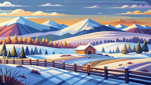 Fresh snow blankets rolling farmland, where a wooden fence traces gentle lines toward distant foothills, and mountains shimmer under Springfield’s crisp Canterbury morning light, painting a serene win