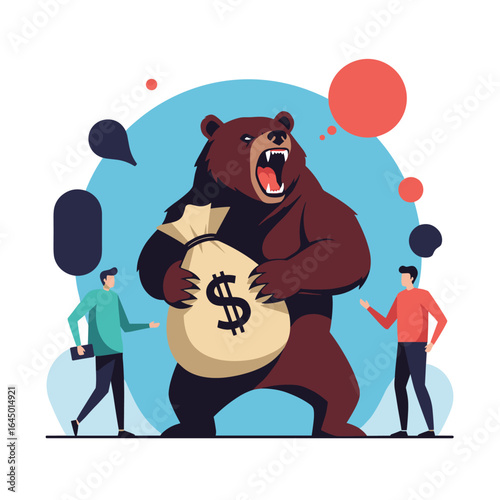 Aggressive bear character dominating financial market with money bag representing economic downturn and investor fear