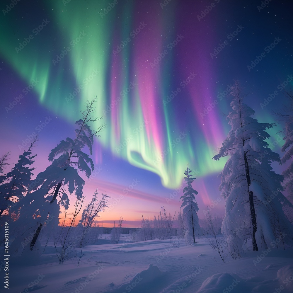 Obraz premium Dancing Lights Over Frozen Landscape