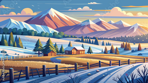 Fresh snow blankets rolling farmland, where a wooden fence traces gentle lines toward distant foothills, and mountains shimmer under Springfield’s crisp Canterbury morning light, painting a serene win