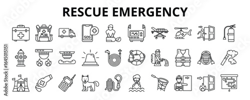30 Rescue Emergency Line Icons Vector - First Aid, Ambulance, CPR, Emergency Exit, Firefighter, Rescue Dog, Stretcher