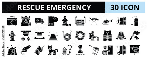 30 Rescue Emergency Glyph Icons Vector - First Aid, Ambulance, CPR, Emergency Exit, Firefighter, Rescue Dog, Stretcher