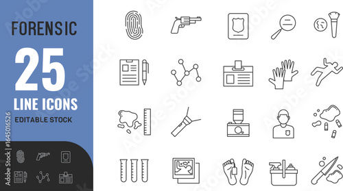 Forensic line editable icon set. Evidence, police, law, justice, criminal, fingerprint, magnifying, glass, DNA, suspect, judge, court, scales, prison .vector illustration.	
