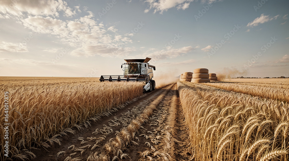 Fototapeta premium A golden wheat field during harvest time in the rays of the setting sun.