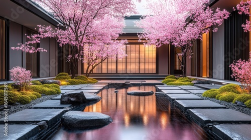 Elegant Japanese house surrounded by soft pink cherry blossoms in a serene courtyard. Harmony and balance, nature's embrace.