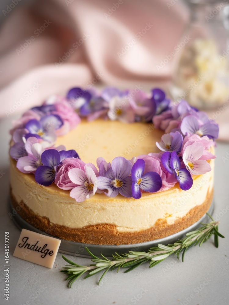 A Delightful Spring Cheesecake, adorned with vibrant purple and pink pansies, creating a visually stunning dessert perfect for any celebration. A Delightful Spring Cheesecake, adorned with vibrant purple and pink pansies, creating a visually stunning dessert perfect for any celebration.