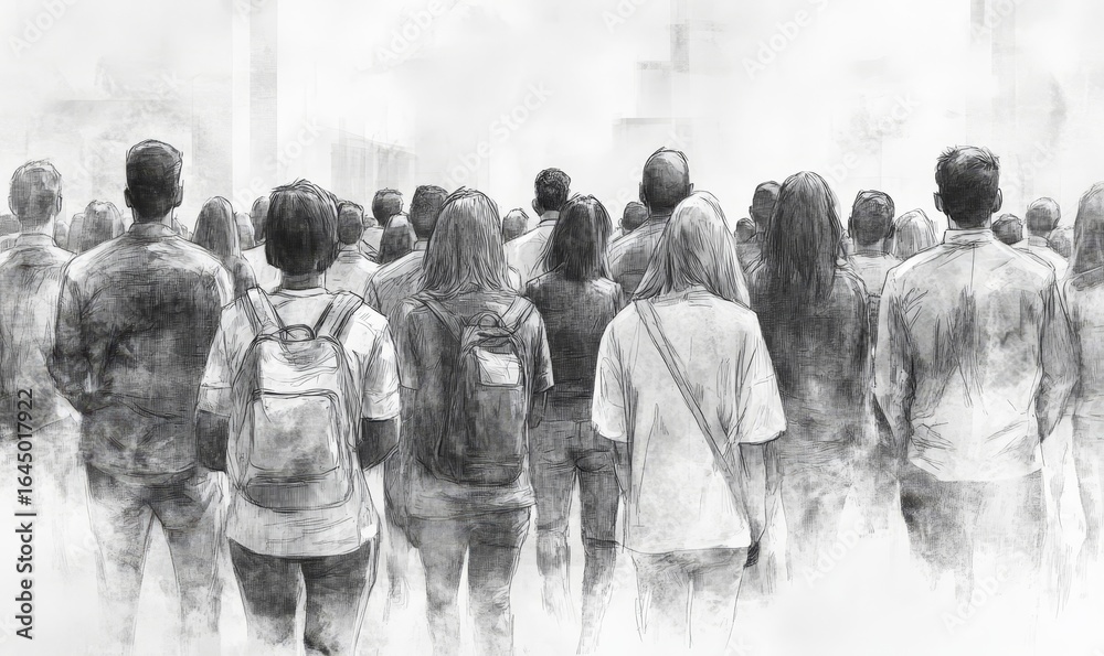 Obraz premium Diverse group of individuals seen from behind in a crowded setting, depicted in a sketch style with black and white shading. The scene emphasizes unity in diversity and community, Generative AI