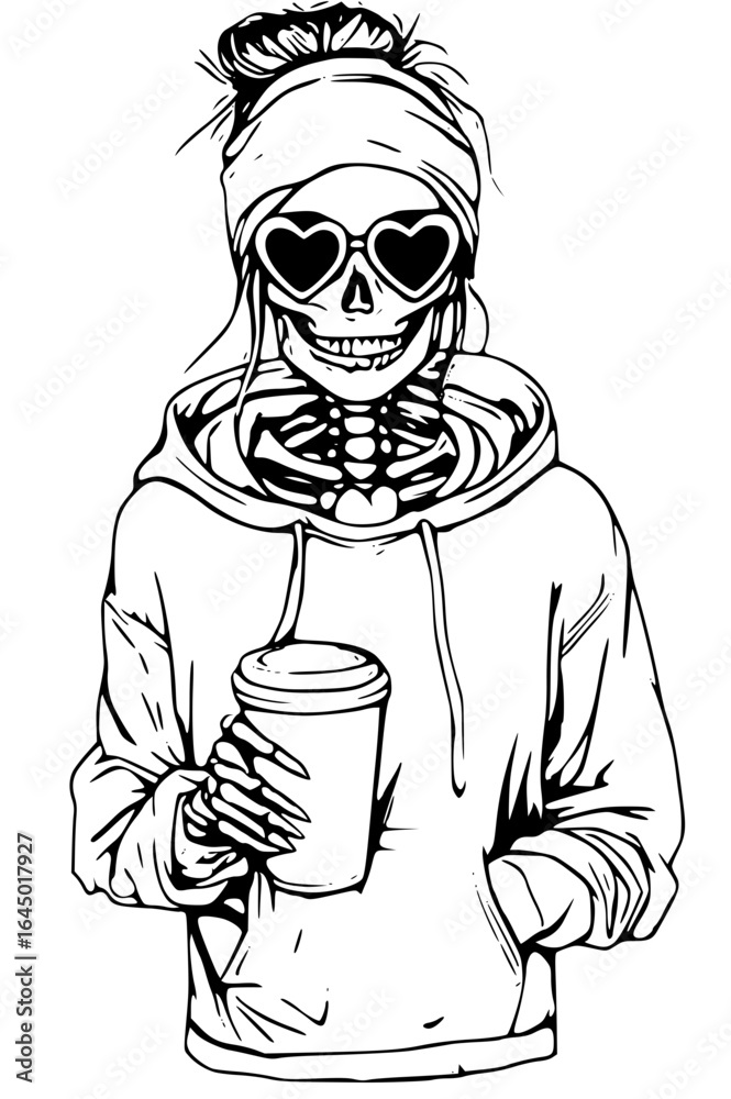 Fototapeta premium Skeleton woman in hoodie with heart sunglasses
