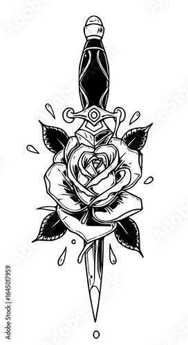Rose and dagger tattoo design isolated