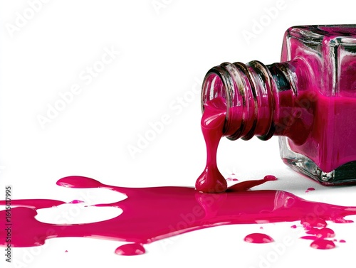 Magenta nail polish spills from a bottle