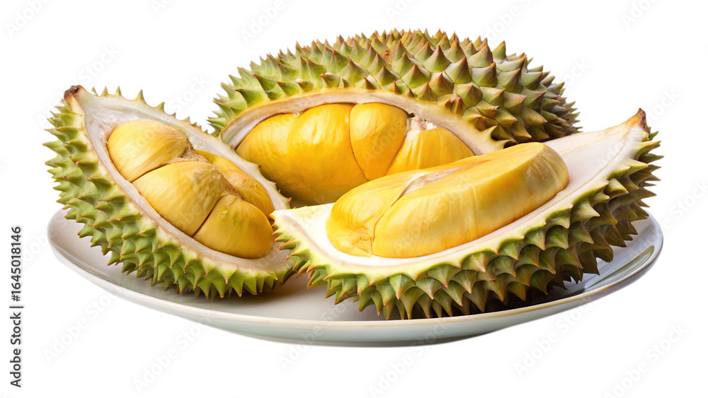 Fototapeta premium Open Durian Fruit on a Plate Exhibiting Yellow Arils and Green Husk