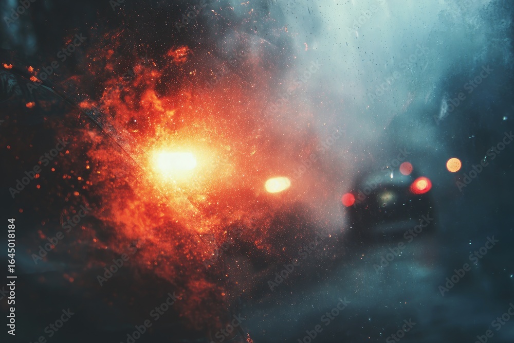 Obraz premium Blurry car lights through rain-streaked windshield