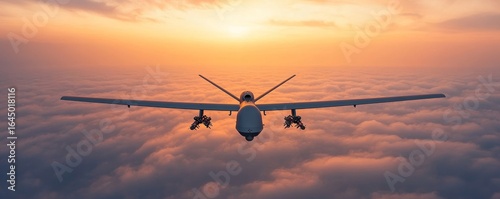Unmanned military drone soaring above the clouds, illustrating the advanced technology and aerial capabilities used in modern warfare, Generative AI