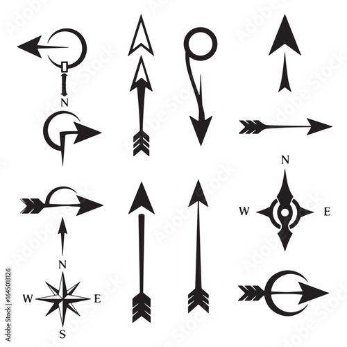 Collection of vector arrows and compass rose directional symbols in a minimalist black and white style