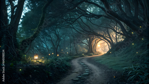 Enchanted Forest Path: The road ahead, a mesmerizing scene in a mystical forest, bathed in ethereal light and vibrant colors, beckons travelers towards a world of serenity and wonder.